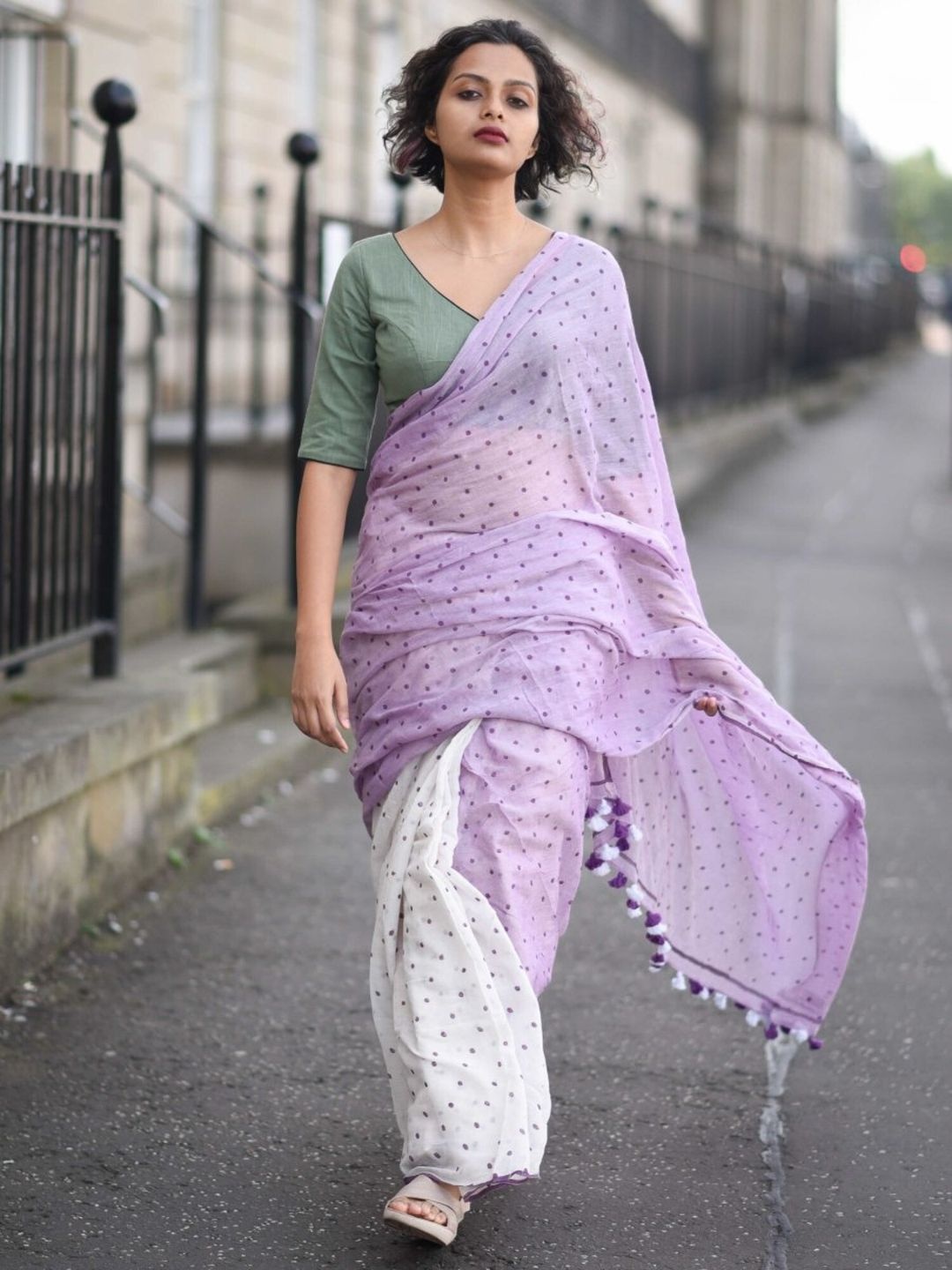 

Suta Polka Dots Printed Half and Half Pom-Pom Edge Cotton Saree with Fall, White