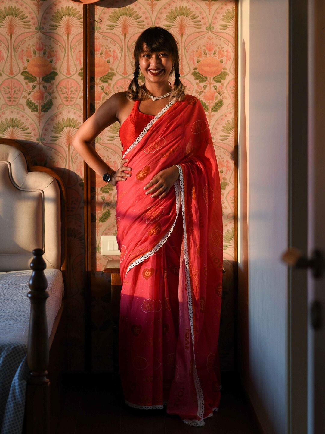 

Abstract Printed Embellished Pure Cotton Saree with Fall, Pink