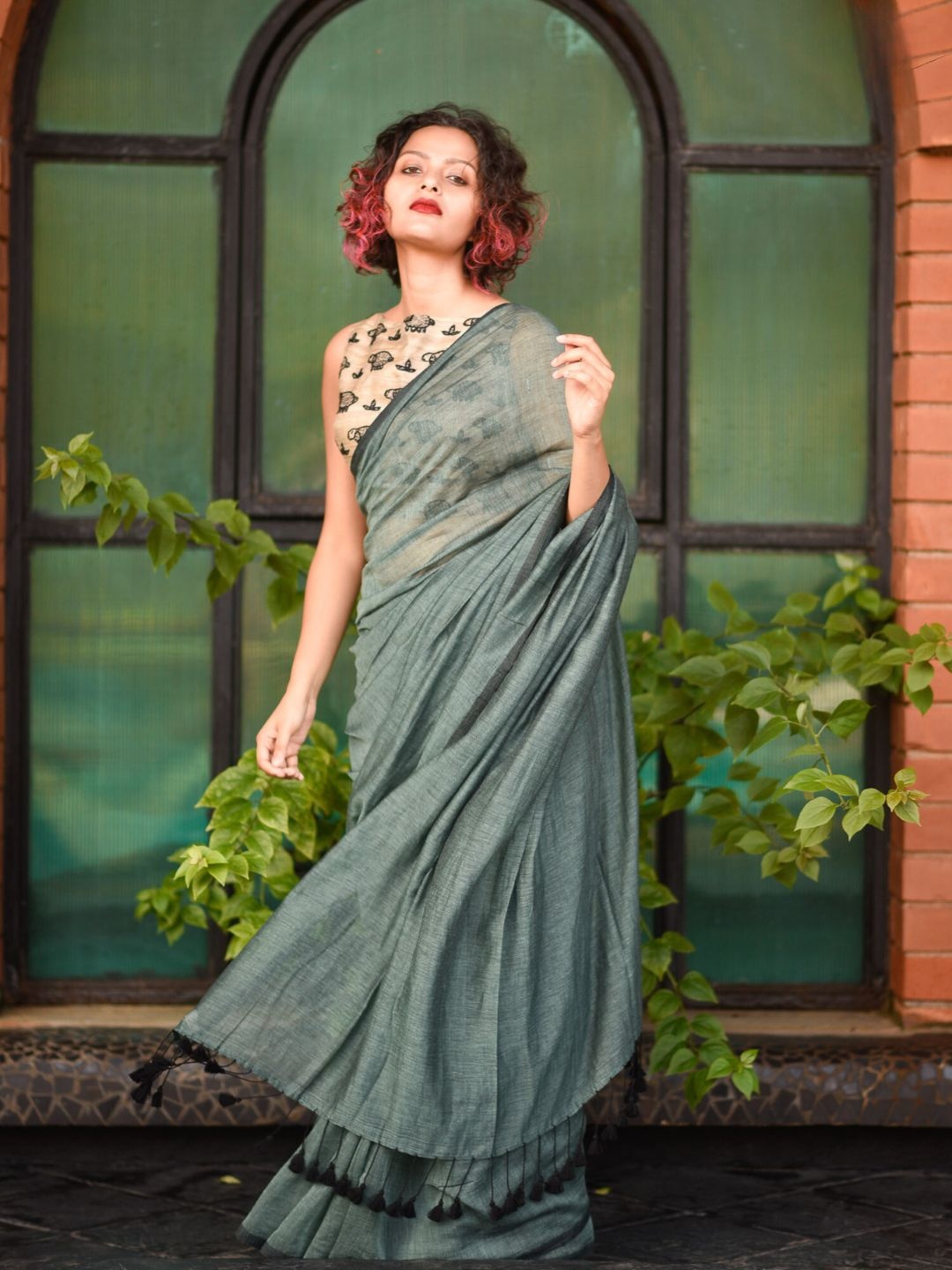 

Grey Pure Cotton Saree with Fall