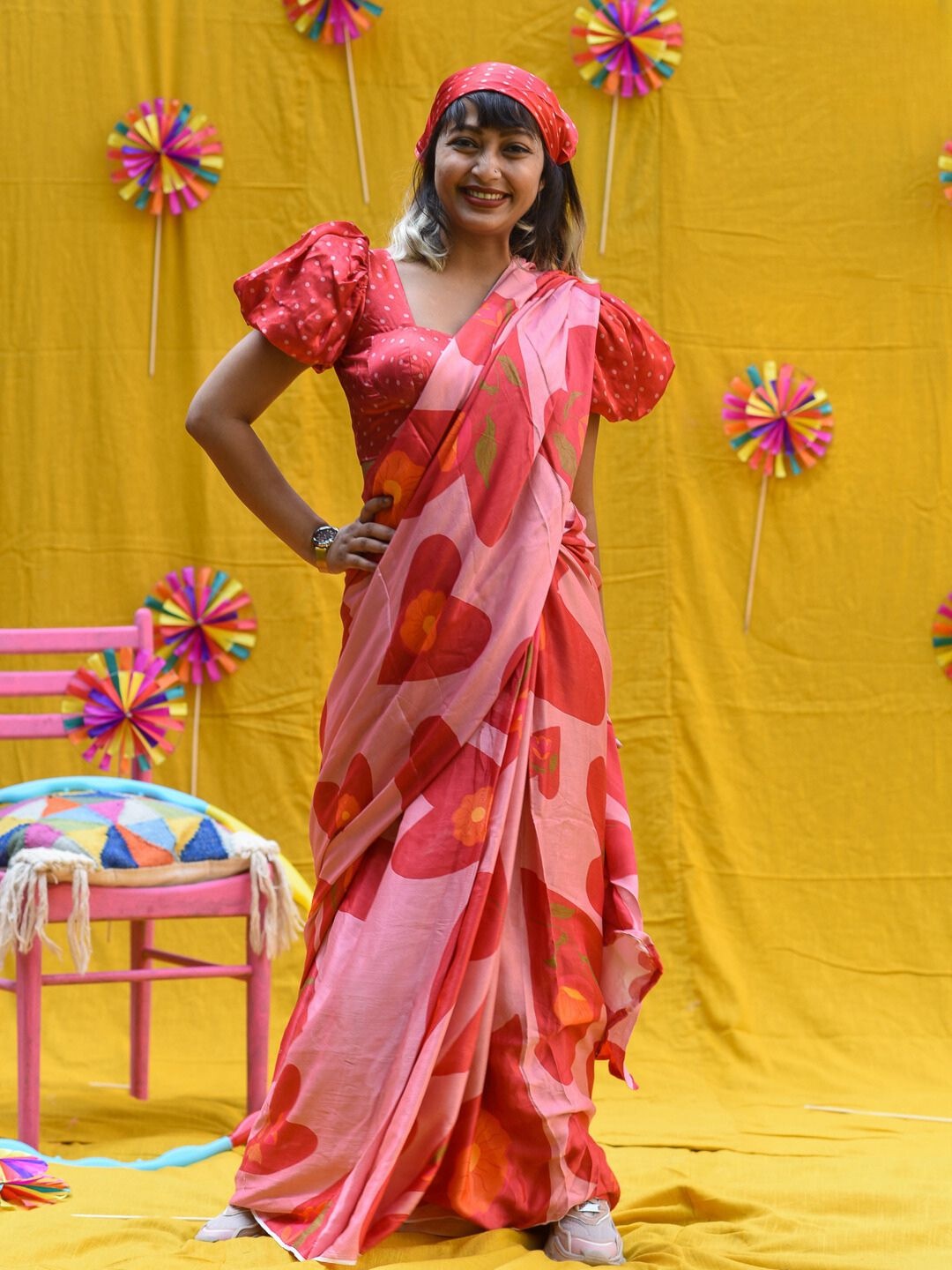 

Floral Printed Saree with Fall, Pink