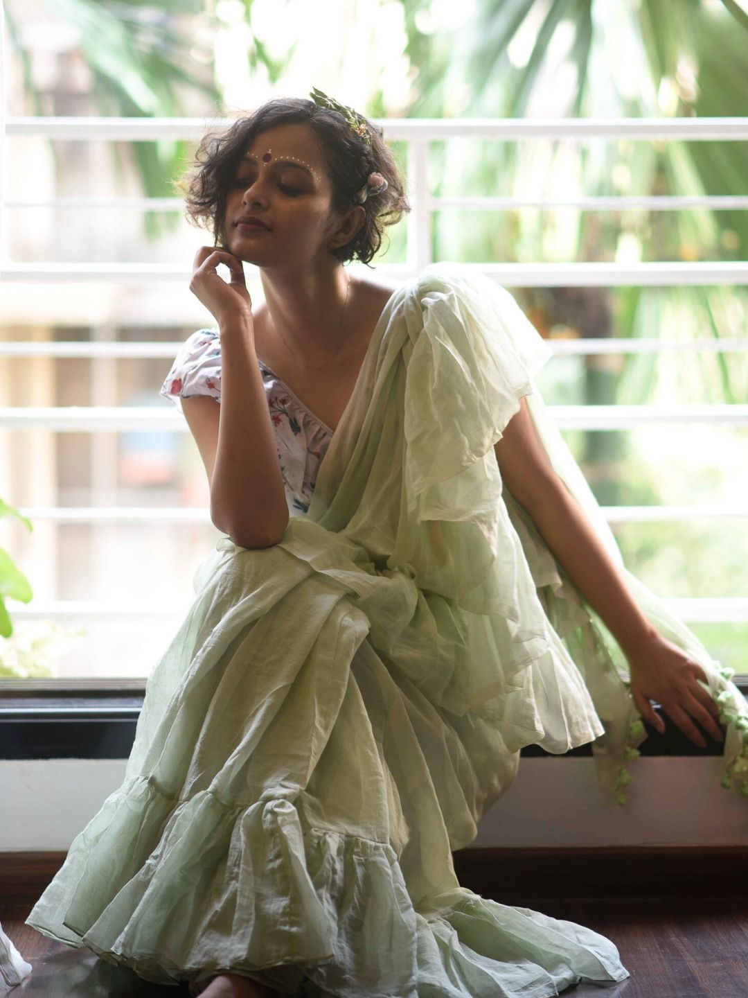 

Ruffled Pure Cotton Saree with Fall, Green