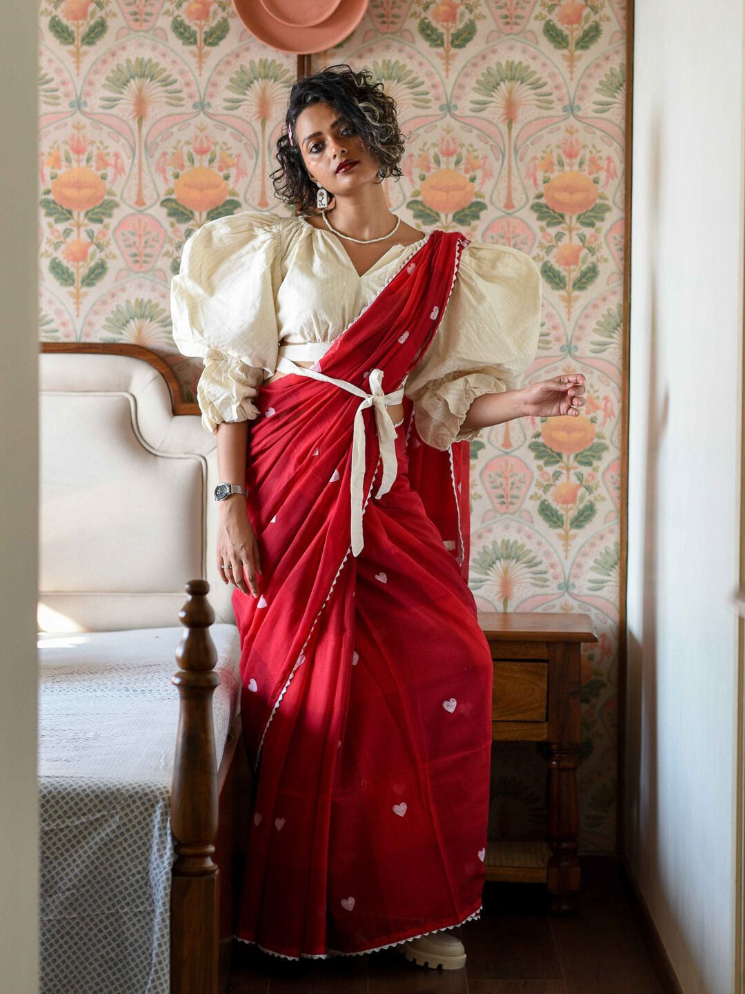 

Suta Geometric Printed Pure Cotton Saree with Fall, Red
