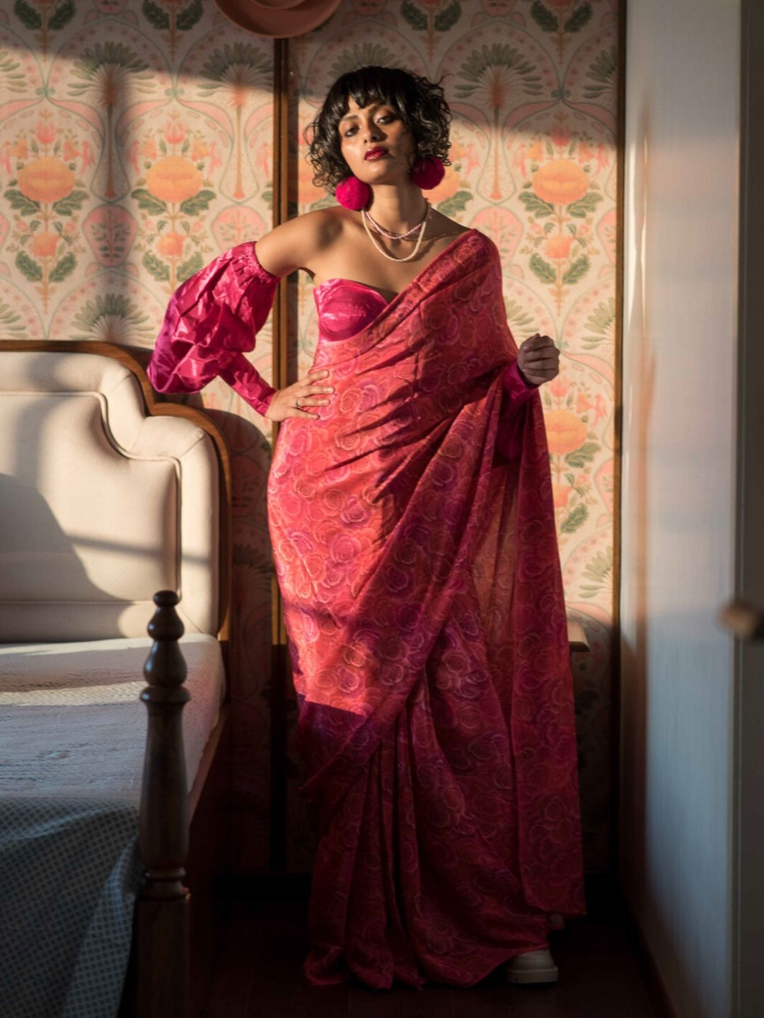 

Floral Printed Pure Cotton Saree with Fall, Pink