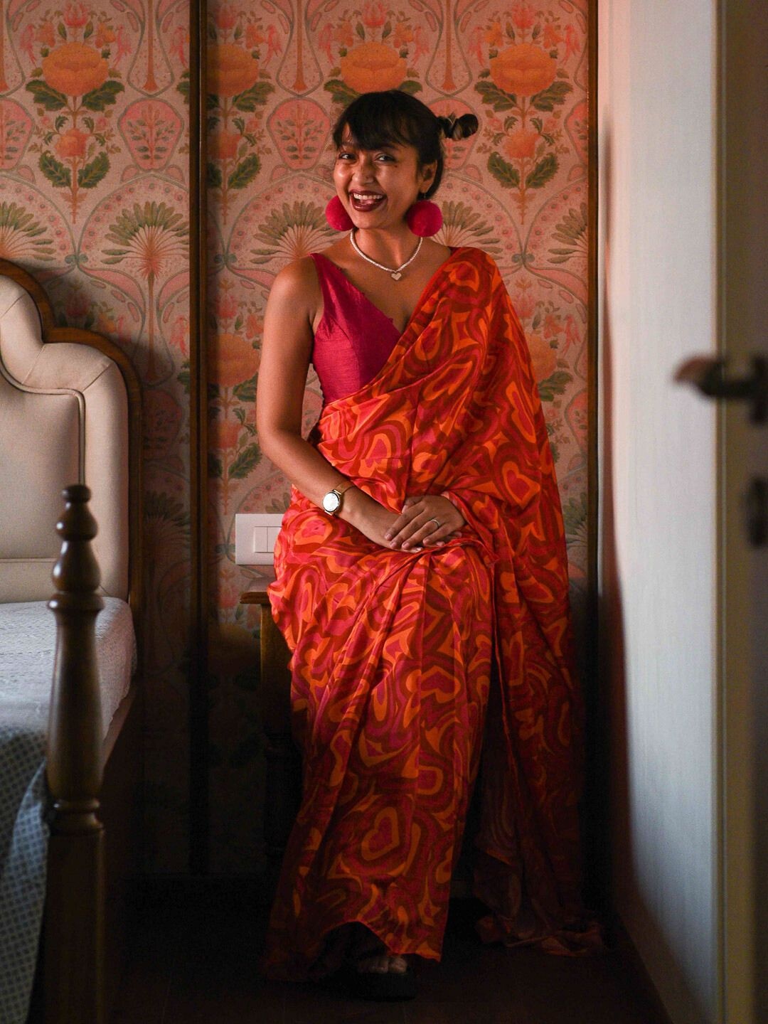 

Abstract Printed Pure Cotton Saree with Fall, Pink