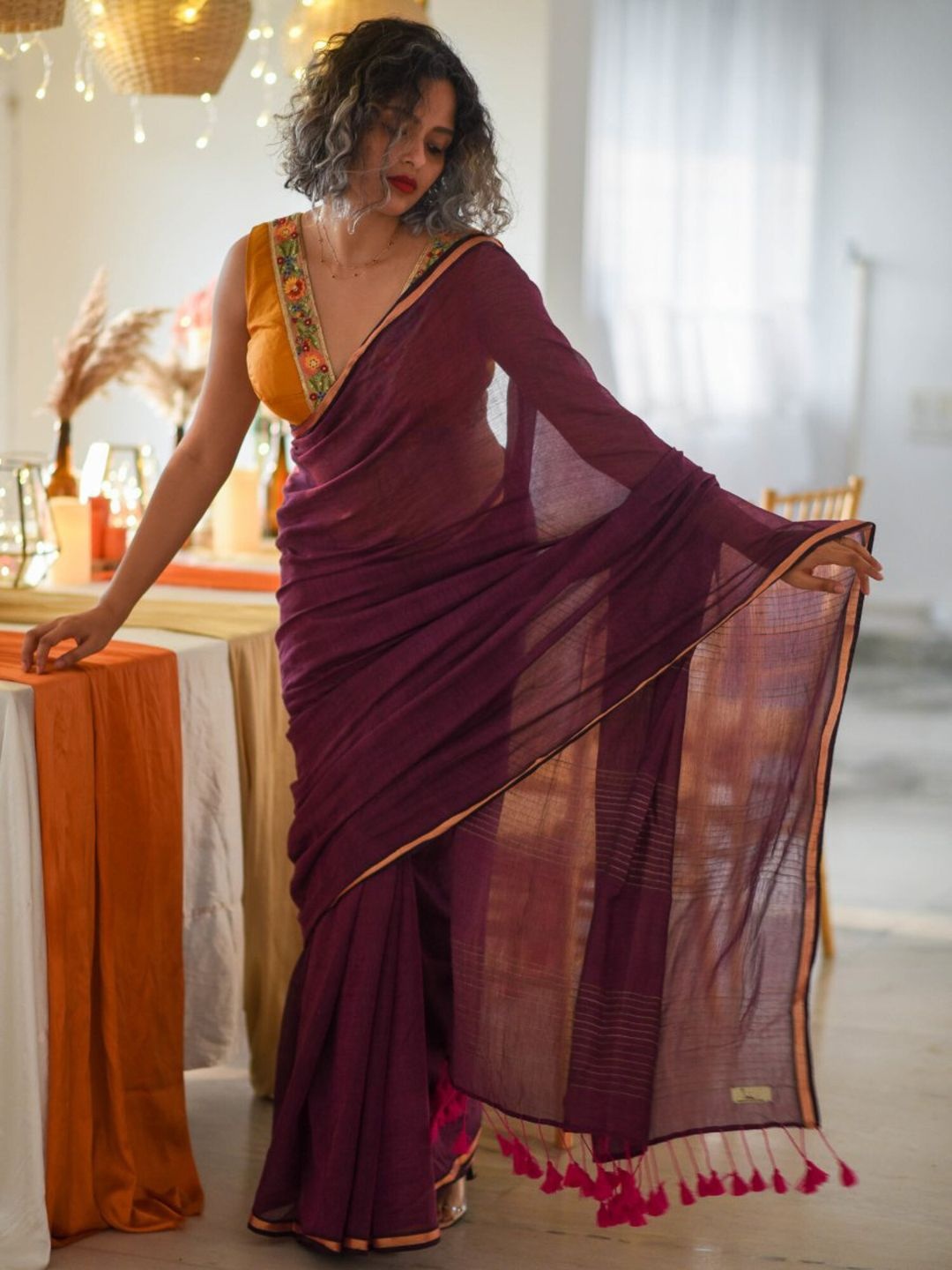 

Zari Pure Cotton Saree with Fall & Tassles, Purple