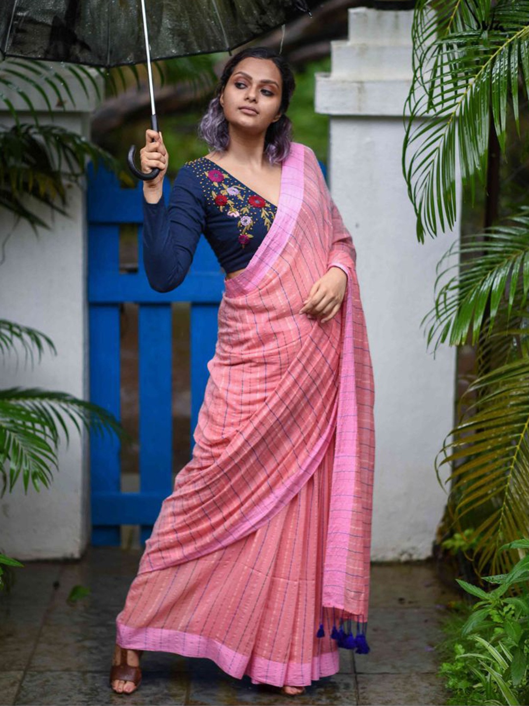 

Suta Striped Cotton Saree with Fall & Tassles, Pink