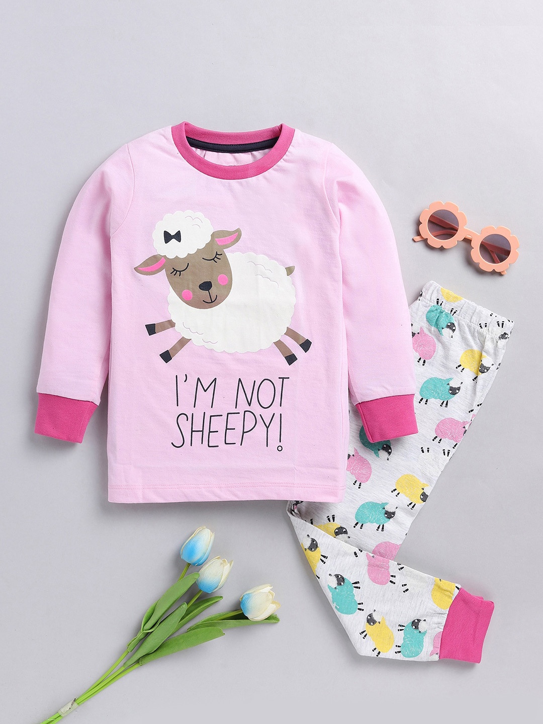 

YK Girls Printed Pure Cotton Night suit, Pink