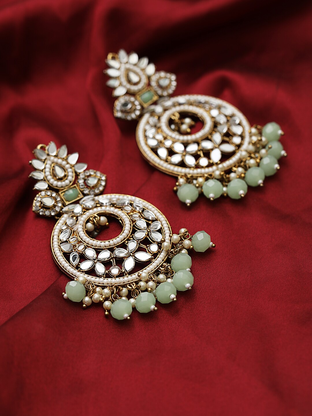 

Jazz and Sizzle Gold-Plated stone Studded & Beadded Crescent Shaped Chandbalis Earrings, Green