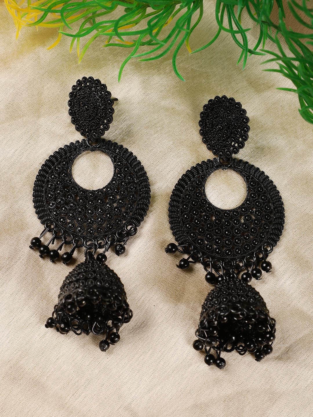 

Jazz and Sizzle Circular Ethnic Jhumkas Earrings, Black