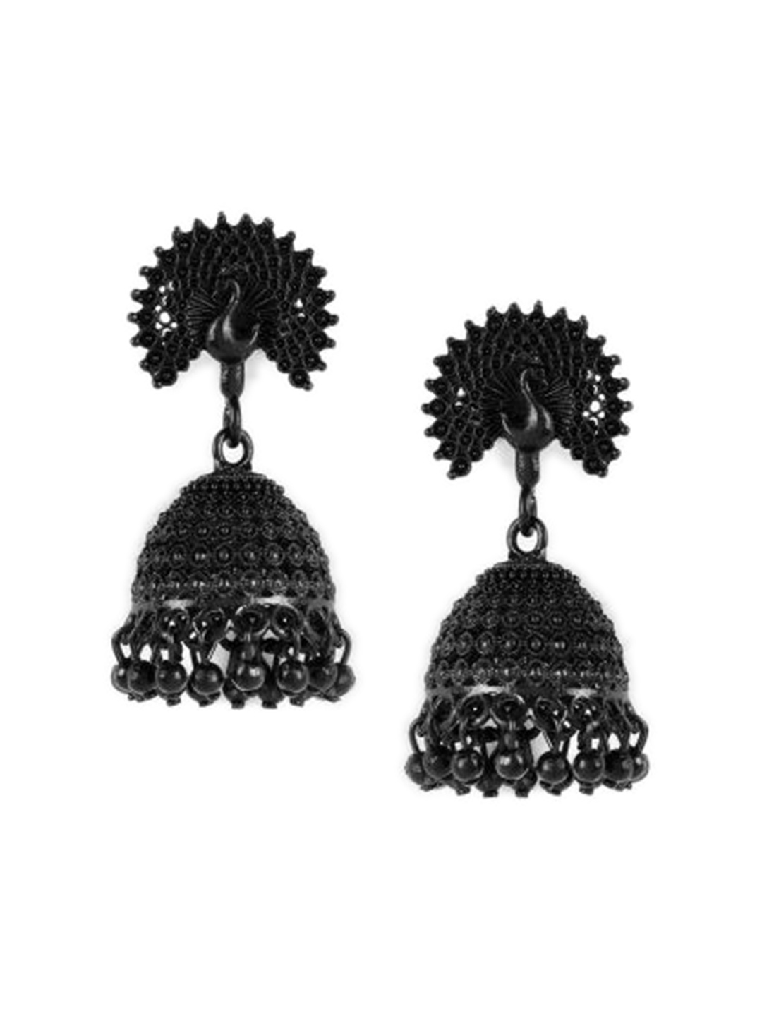 

Jazz and Sizzle Peacock Shaped Jhumkas Earrings, Black