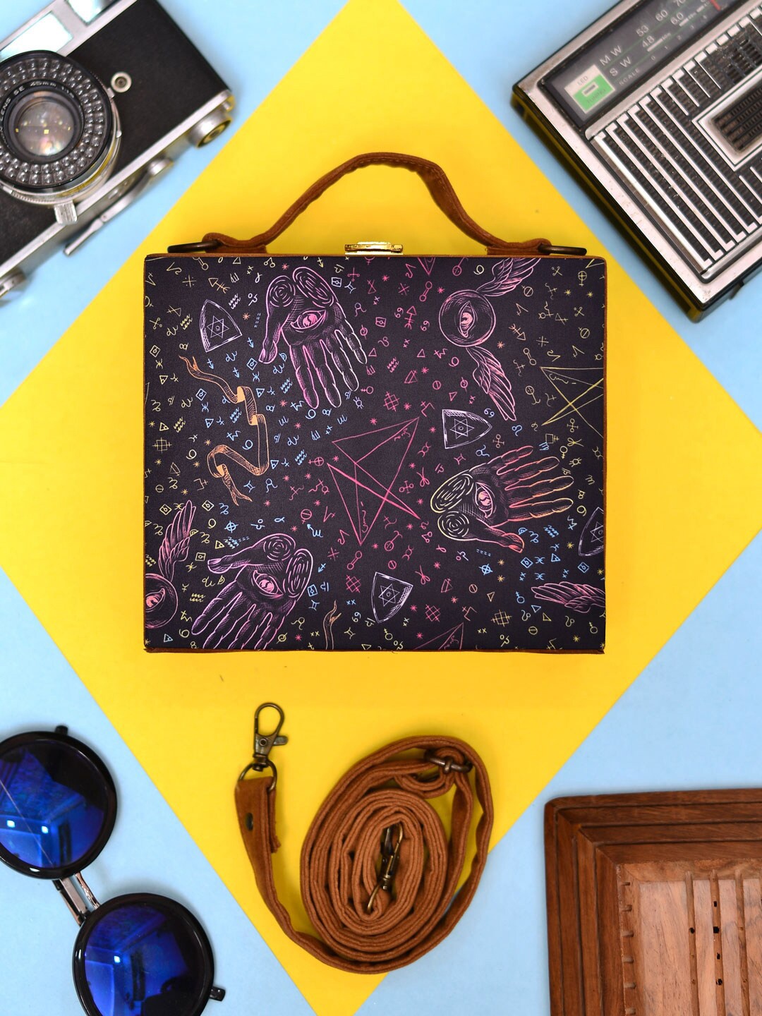 

ARTKLIM Multipattern Quirky Printed Suitcase Style Box Clutch, Black