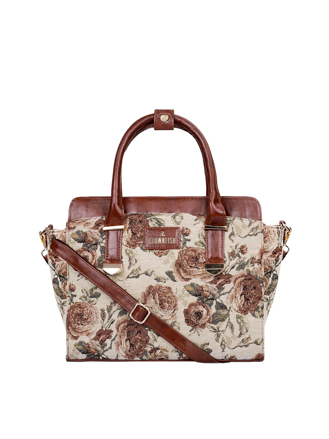 

THE CLOWNFISH Floral Structured Handheld Bag, Brown