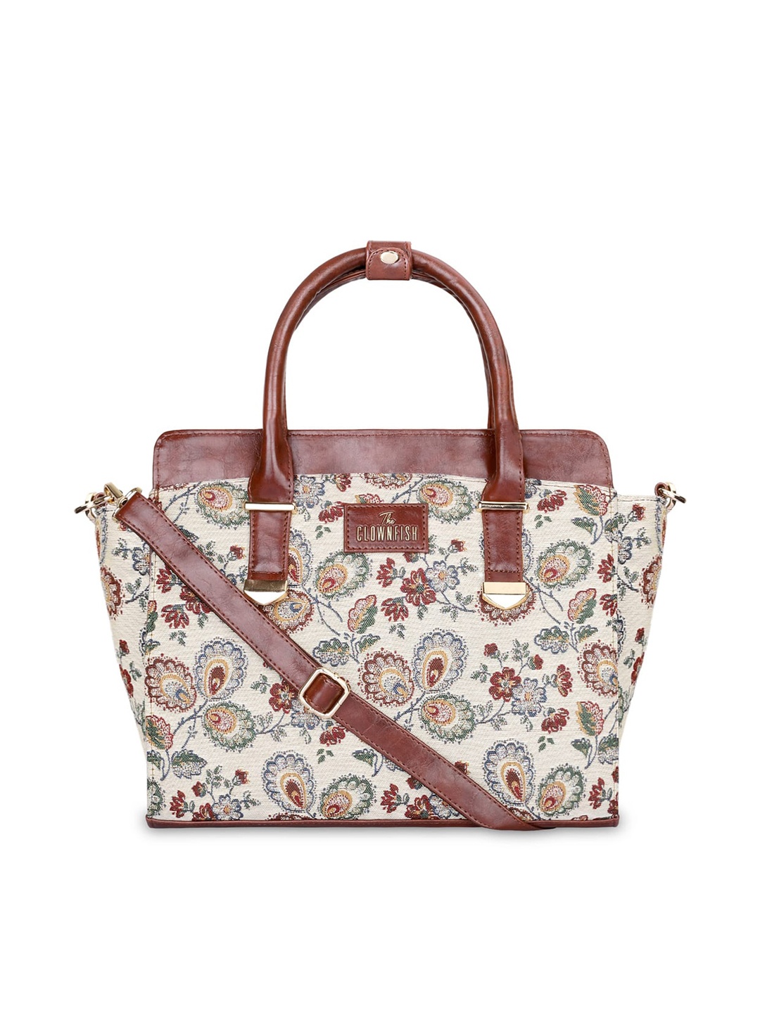 

THE CLOWNFISH Floral Printed Structured Handheld Bag, Cream