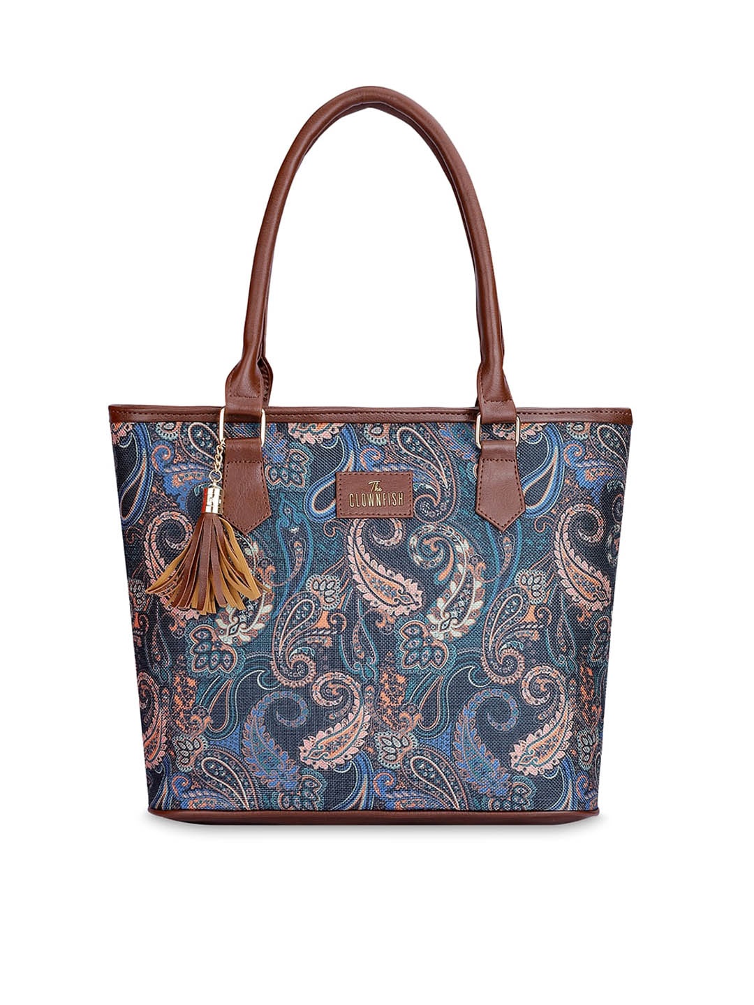 

THE CLOWNFISH Printed Structured Jute Shoulder Bag with Tasselled, Blue