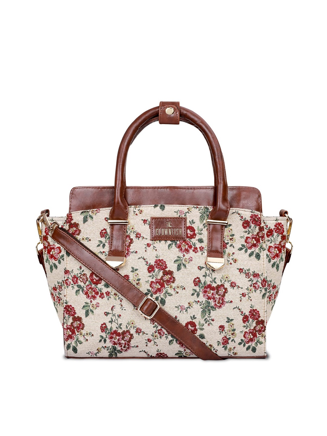 

THE CLOWNFISH Zella Floral Printed Oversized Structured Handheld Bag, Off white