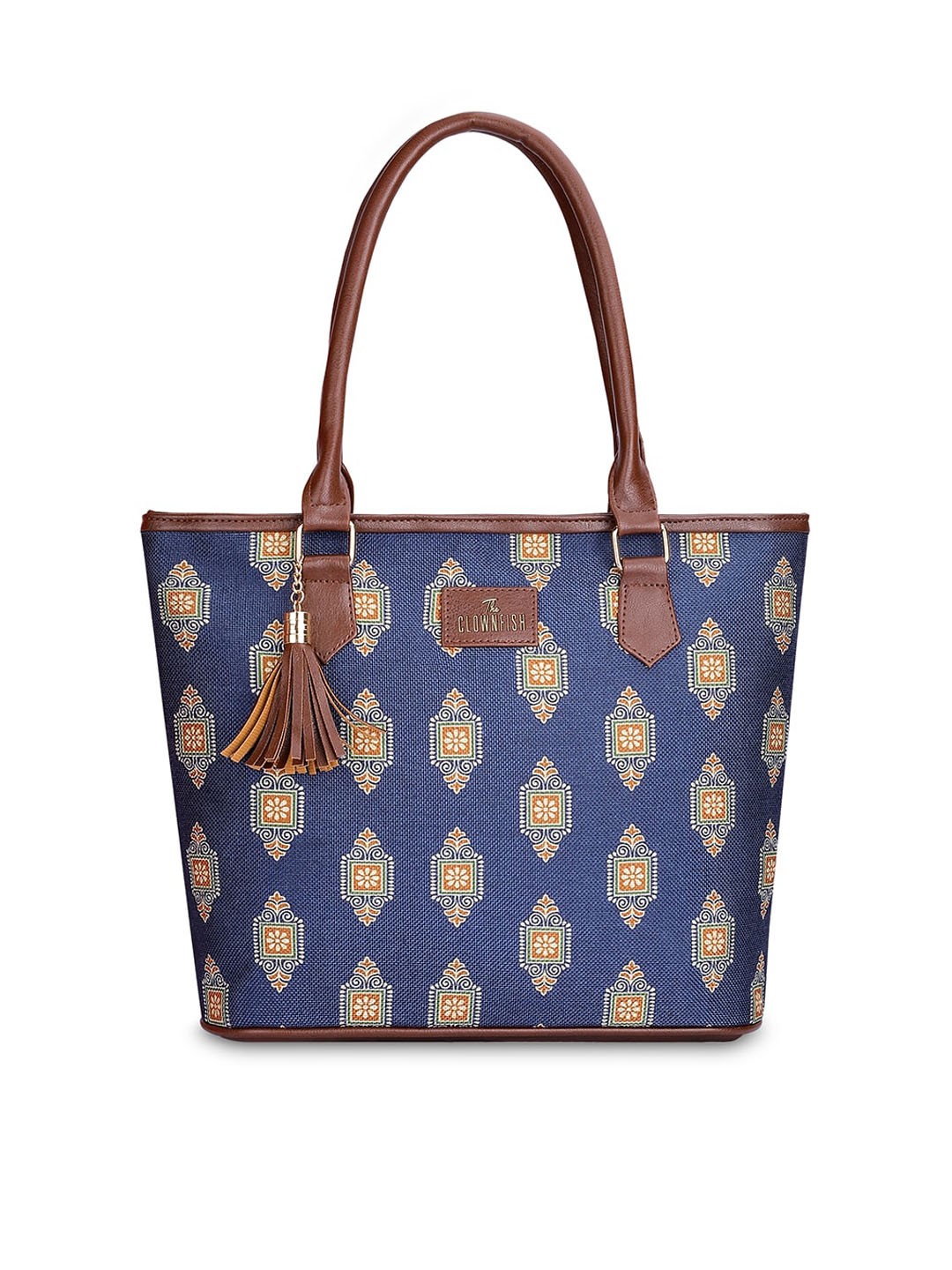 

THE CLOWNFISH Floral Printed Oversized Structured Jute Tote Bag with Tasselled, Navy blue