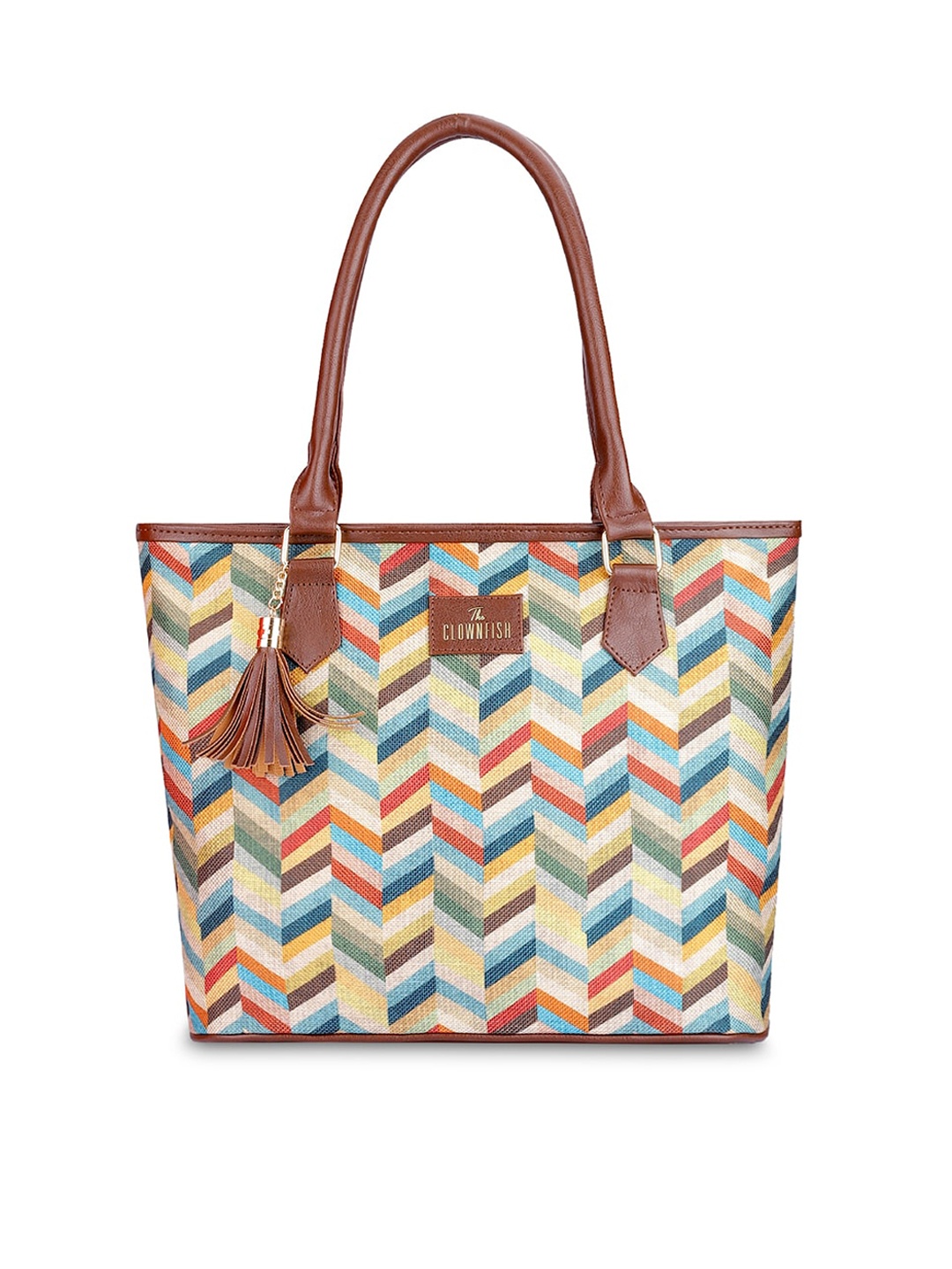 

THE CLOWNFISH Geometric Printed Structured Jute Tote Bag, Off white