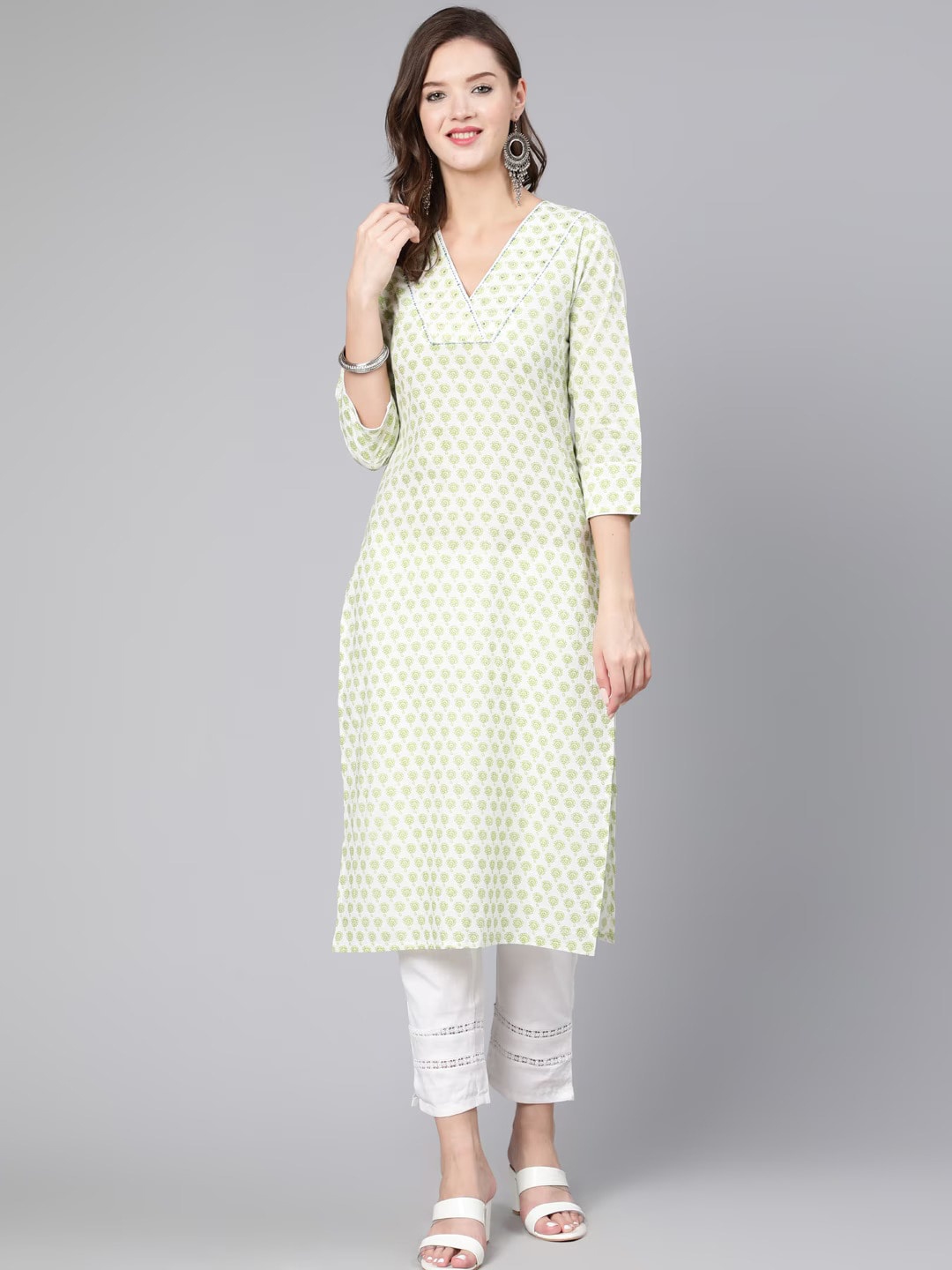 

THE NKS PLUS Floral Printed Sequined Cotton Straight Kurta, White