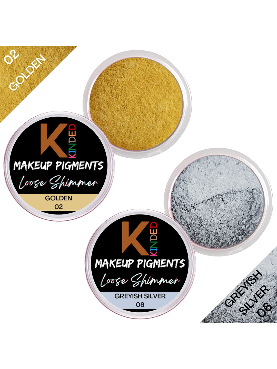 

KINDED Set Of 2 Makeup Pigments Loose Shimmer Eyeshadow - Golden 02 & Greyish Silver 06, Gold