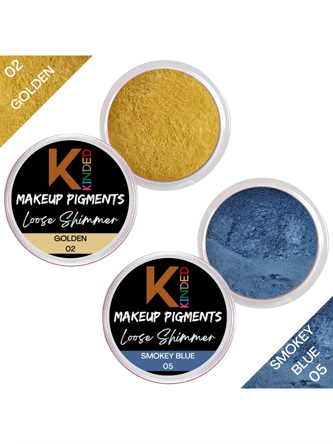 

KINDED Set of 2 Makeup Pigments Loose Shimmer Eyeshadow - Golden 02 & Smokey Blue 05, Gold
