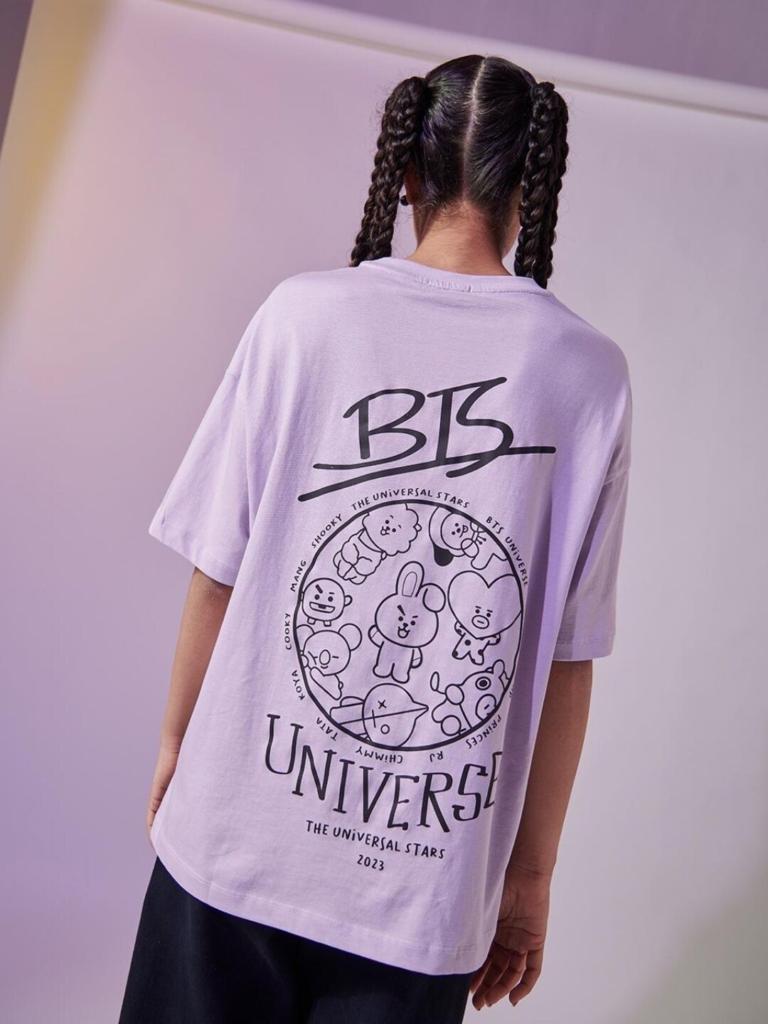 

Bewakoof Women Purple Graphic Printed Drop-Shoulder Sleeves Cotton Loose T-shirt
