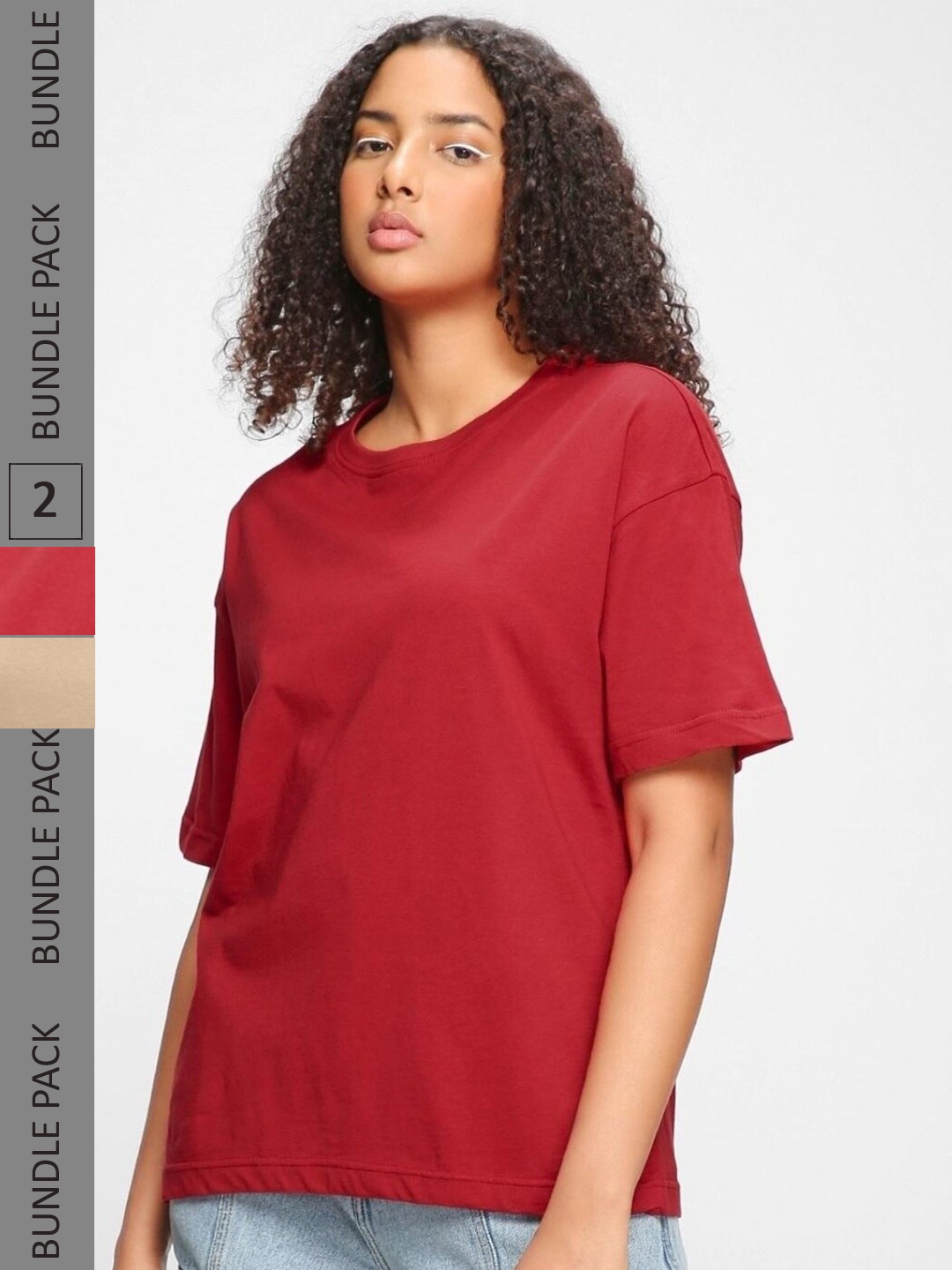 

Bewakoof Red and Beige Pack Of 2 Cotton Oversize Fit T-shirt