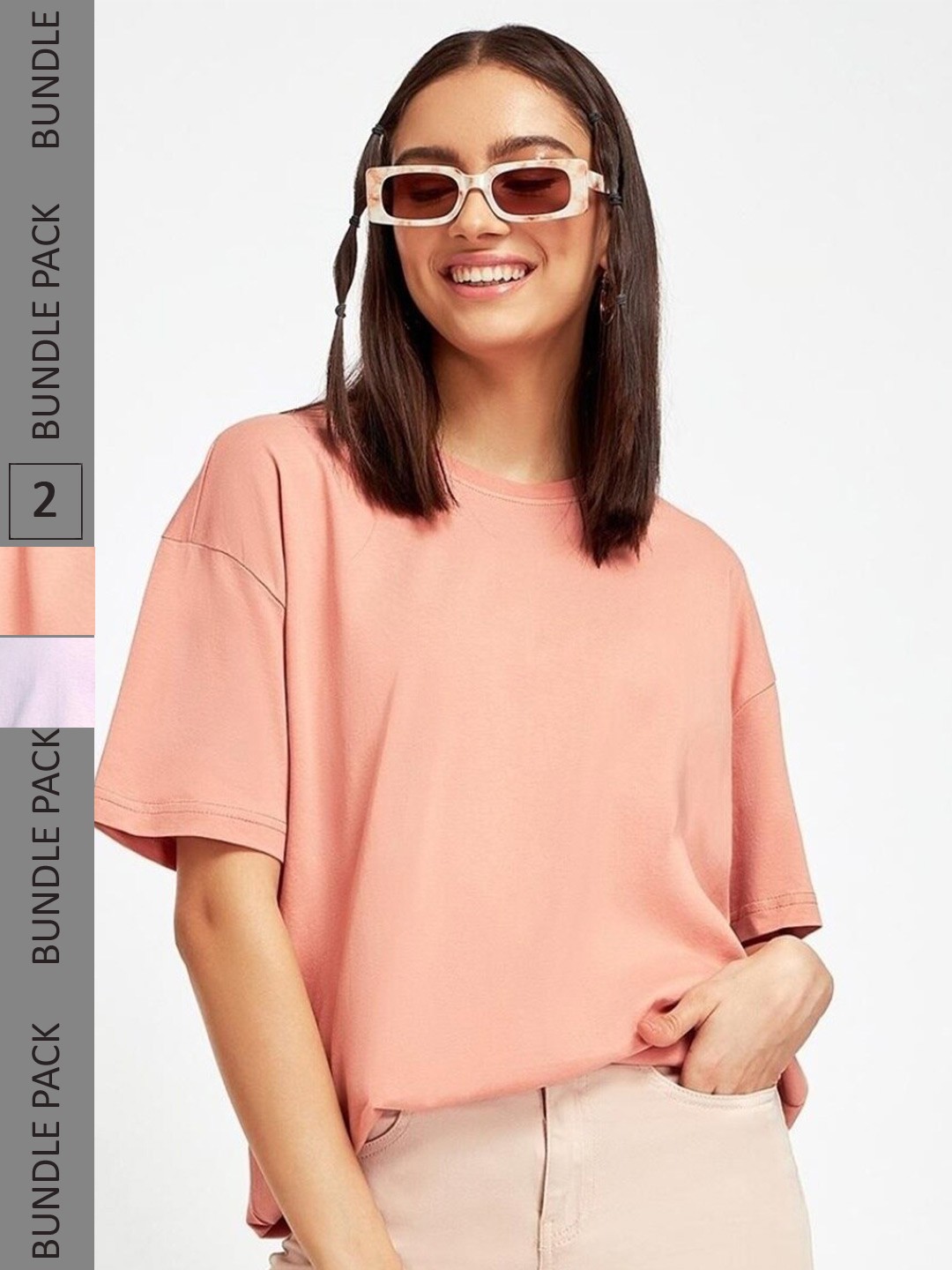 

Bewakoof Peach & Lavender Pack Of 2 Drop-Shoulder Sleeves Cotton Oversize T-shirt