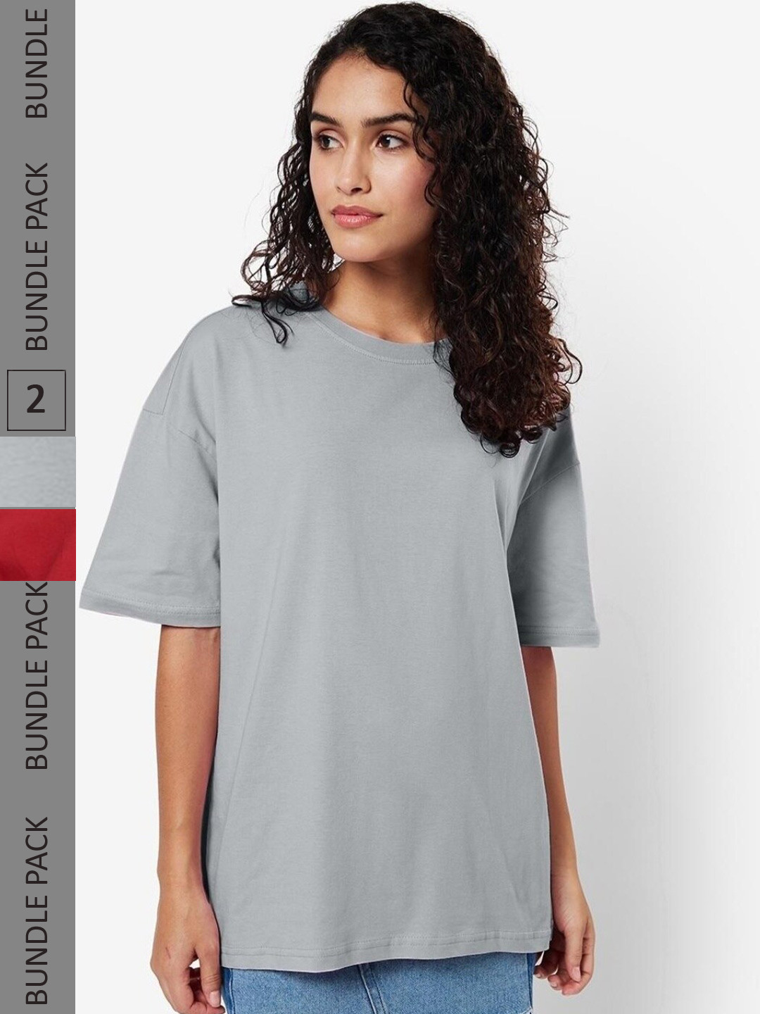 

Bewakoof Grey & Red Pack Of 2 Drop-Shoulder Sleeves Loose T-shirt