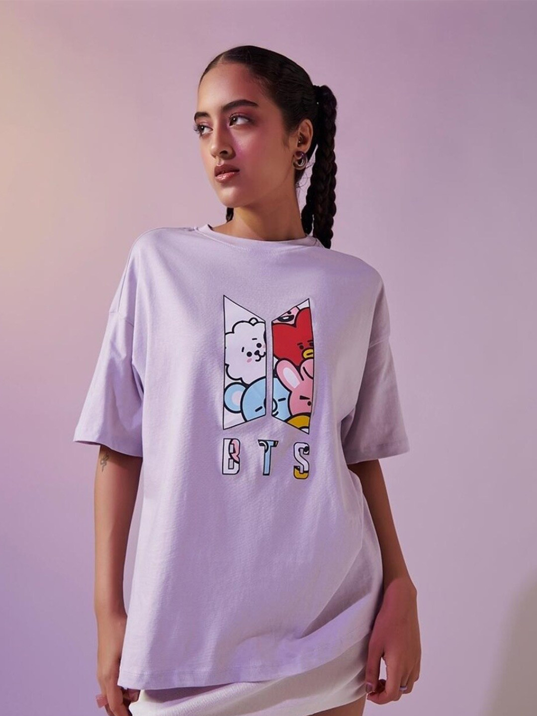 

Bewakoof Graphic Printed Drop-Shoulder Sleeves Loose Fitted T-shirt, Purple