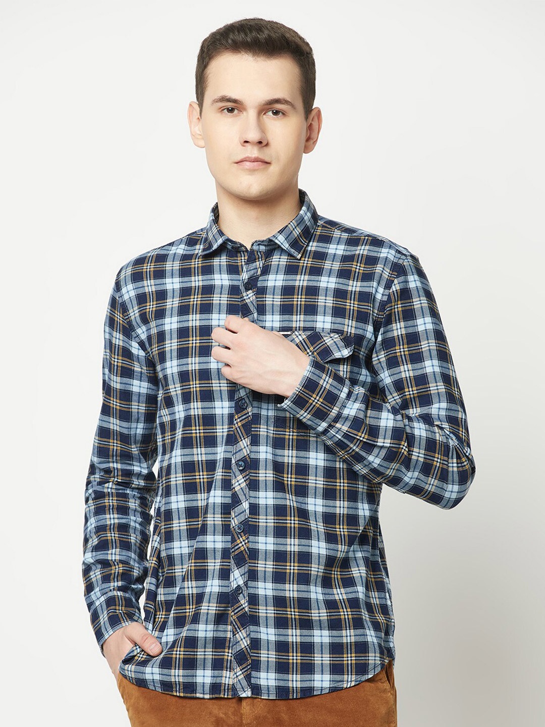 

Crimsoune Club Slim Fit Tartan Checks Checked Pure Cotton Casual Shirt, Blue