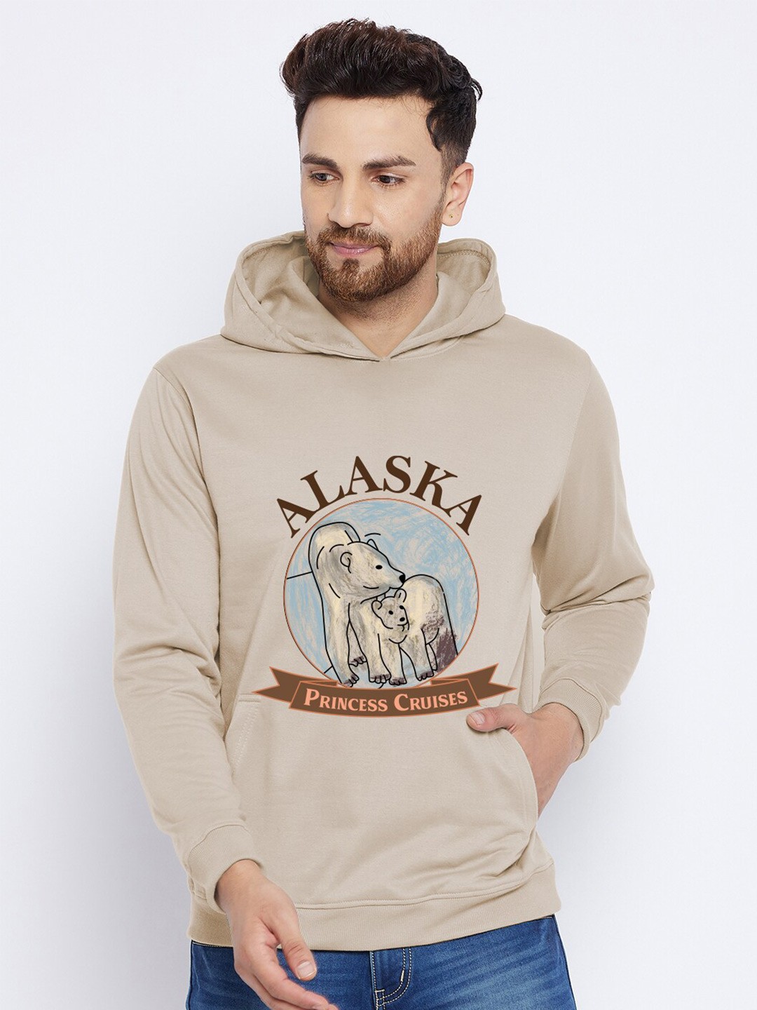 

FRENCH FLEXIOUS Men Printed Hooded Cotton Sweatshirt, Beige