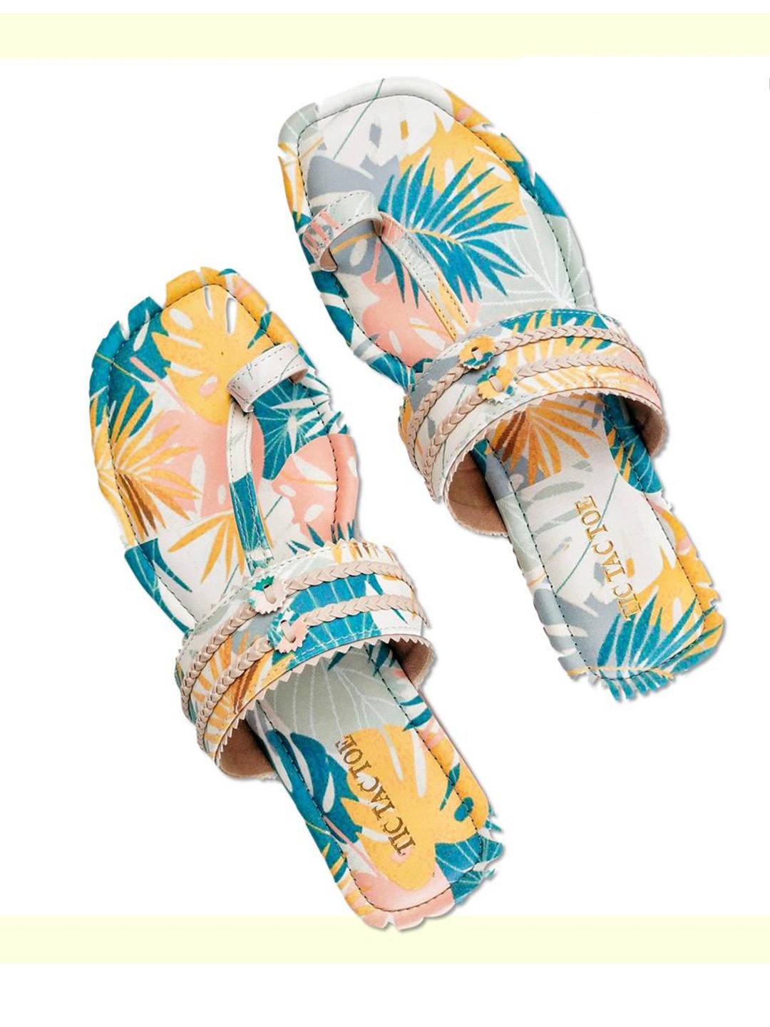 

TIC TAC TOE Women Tropical Printed Open One Toe Flats, Blue