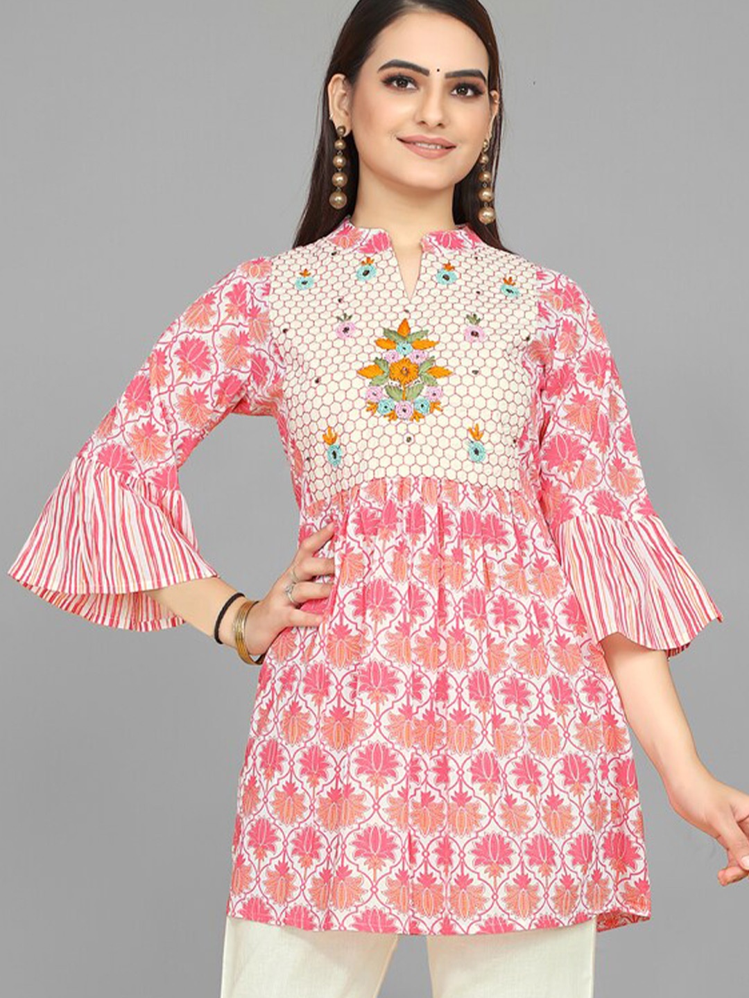 

kasee Ethnic Motifs Printed Thread Work Bell Sleeves A-Line Kurti, Pink