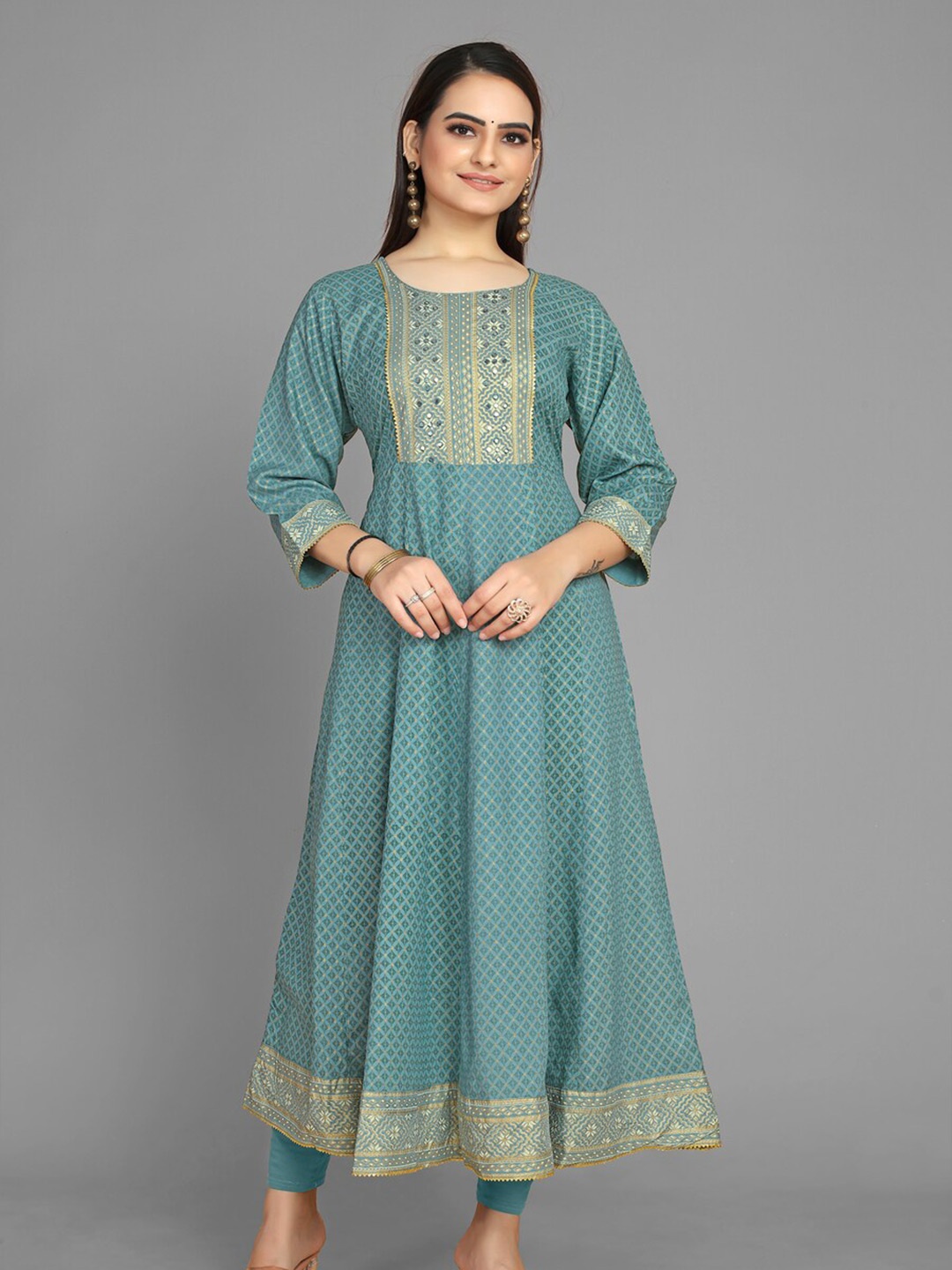 

kasee Women Blue & Gold-Toned Ethnic Motifs Printed Anarkali Kurta