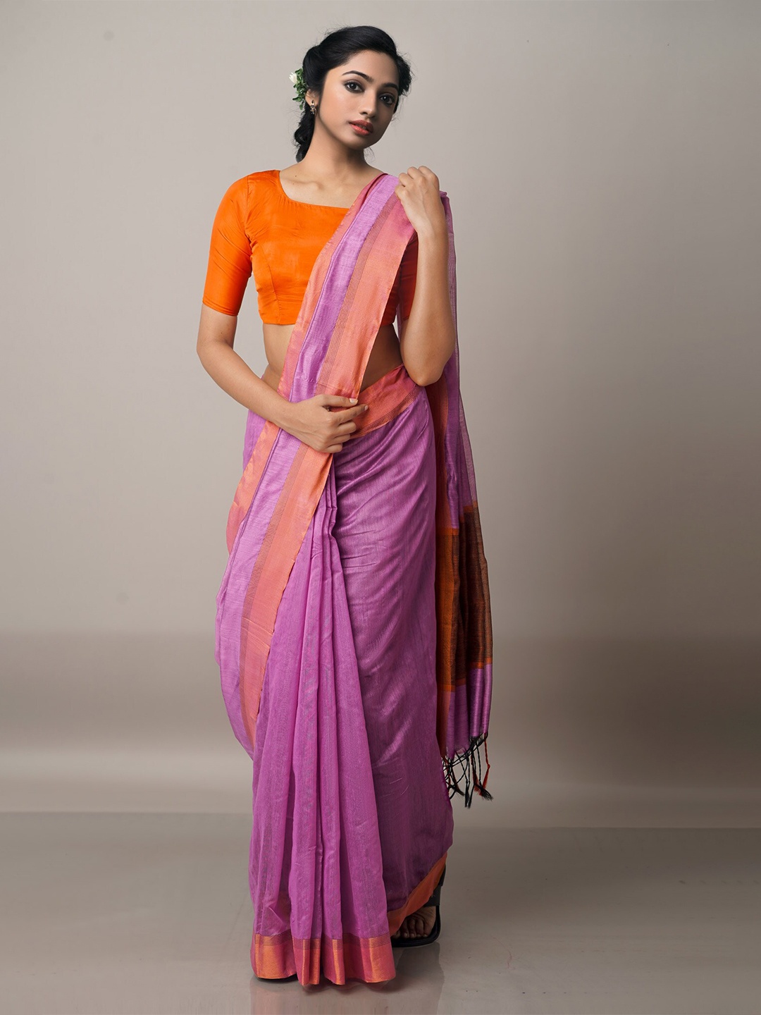 

Unnati Silks Pink & Orange Silk Cotton Chanderi Saree