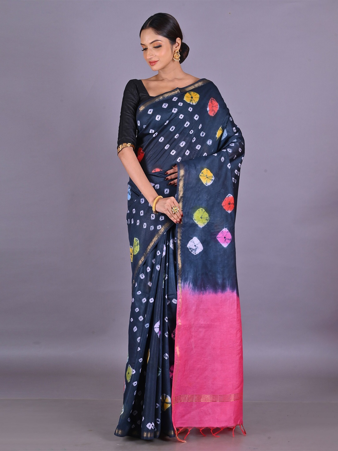 

Unnati Silks Bandhani Zari Silk Cotton Chanderi Saree, Grey