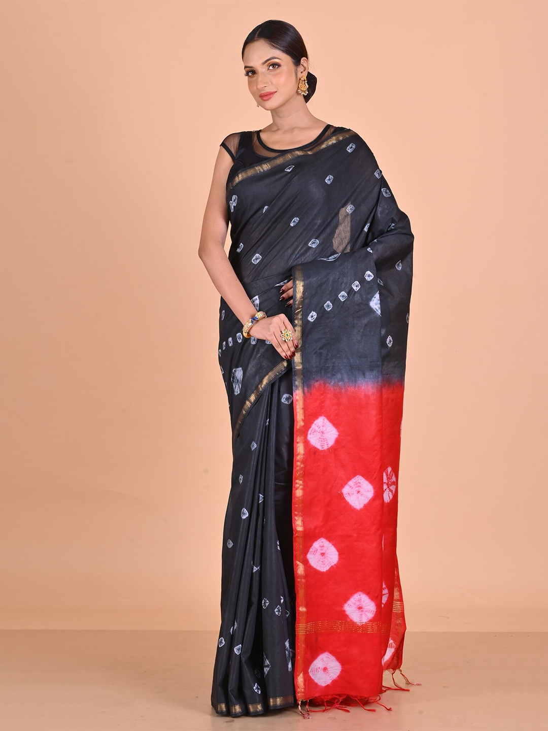 

Unnati Silks Bandhani Zari Silk Cotton Chanderi Saree, Black