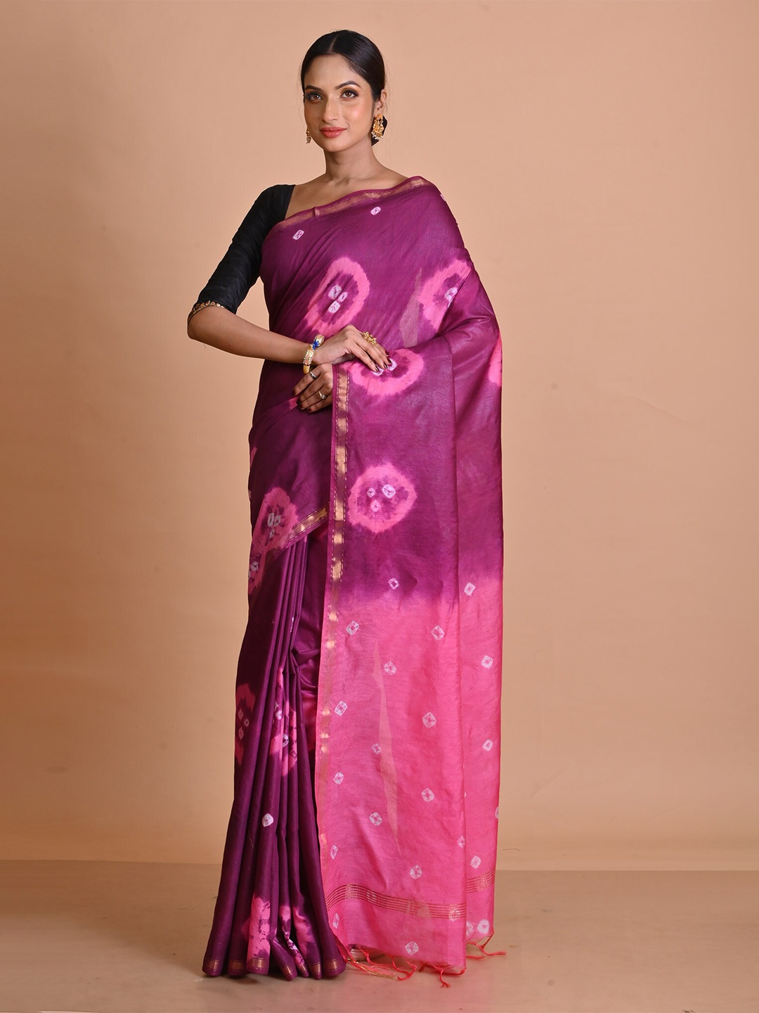 

Unnati Silks Bandhani Zari Silk Cotton Chanderi Saree, Purple
