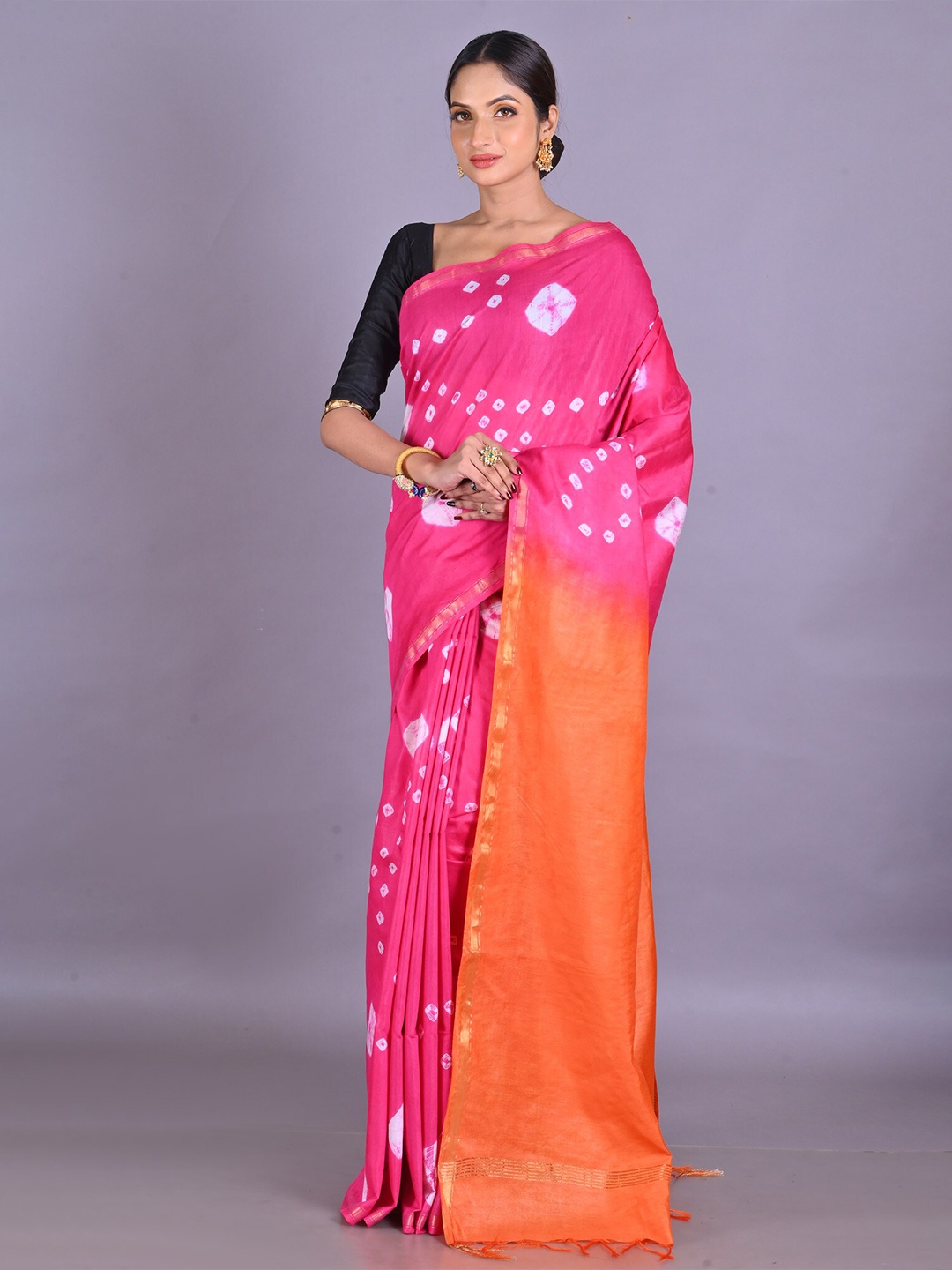 

Unnati Silks Bandhani Tie And Dye Zari Chanderi Saree, Pink