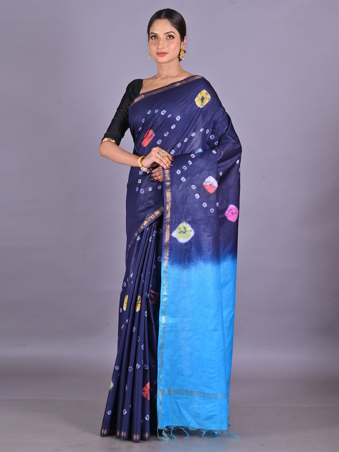 

Unnati Silks Bandhani Tie And Dye Zari Chanderi Saree, Navy blue