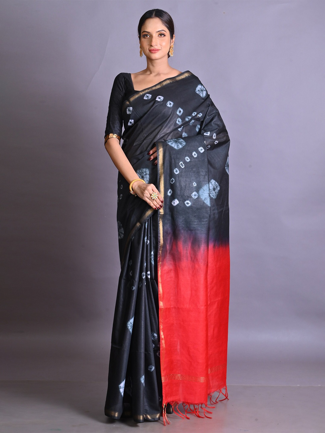 

Unnati Silks Bandhani Tie And Dye Zari Chanderi Saree, Black