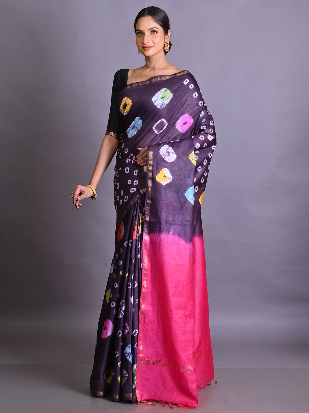

Unnati Silks Bandhani Tie And Dye Zari Chanderi Saree, Purple