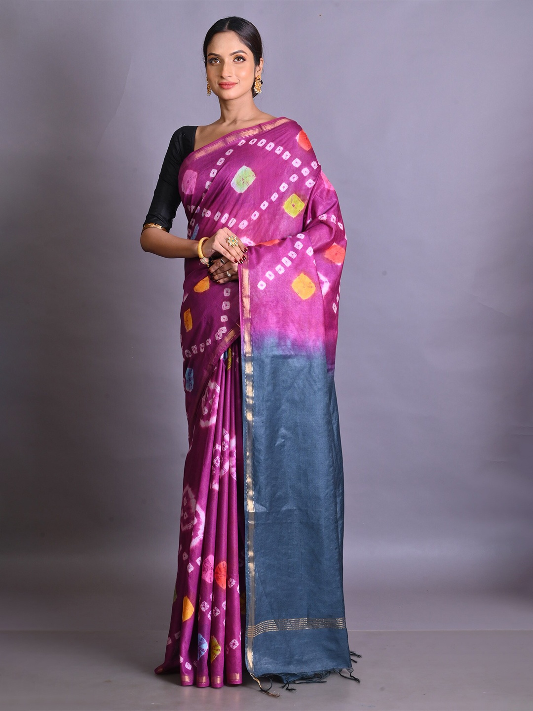 

Unnati Silks Bandhani Tie And Dye Zari Chanderi Saree, Purple