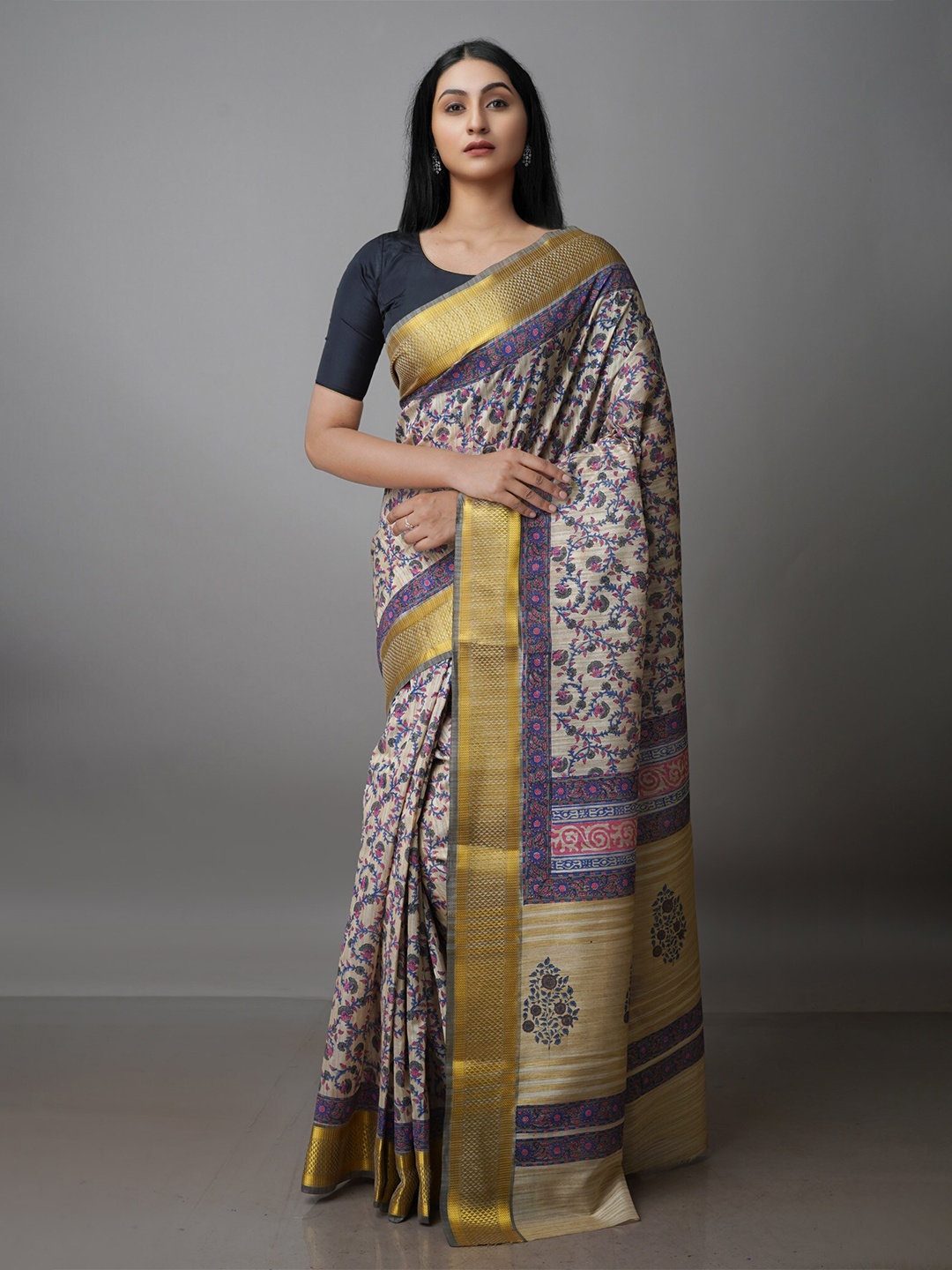 

Unnati Silks Ethnic Motifs Printed Zari Pure Silk Tussar Saree, Cream