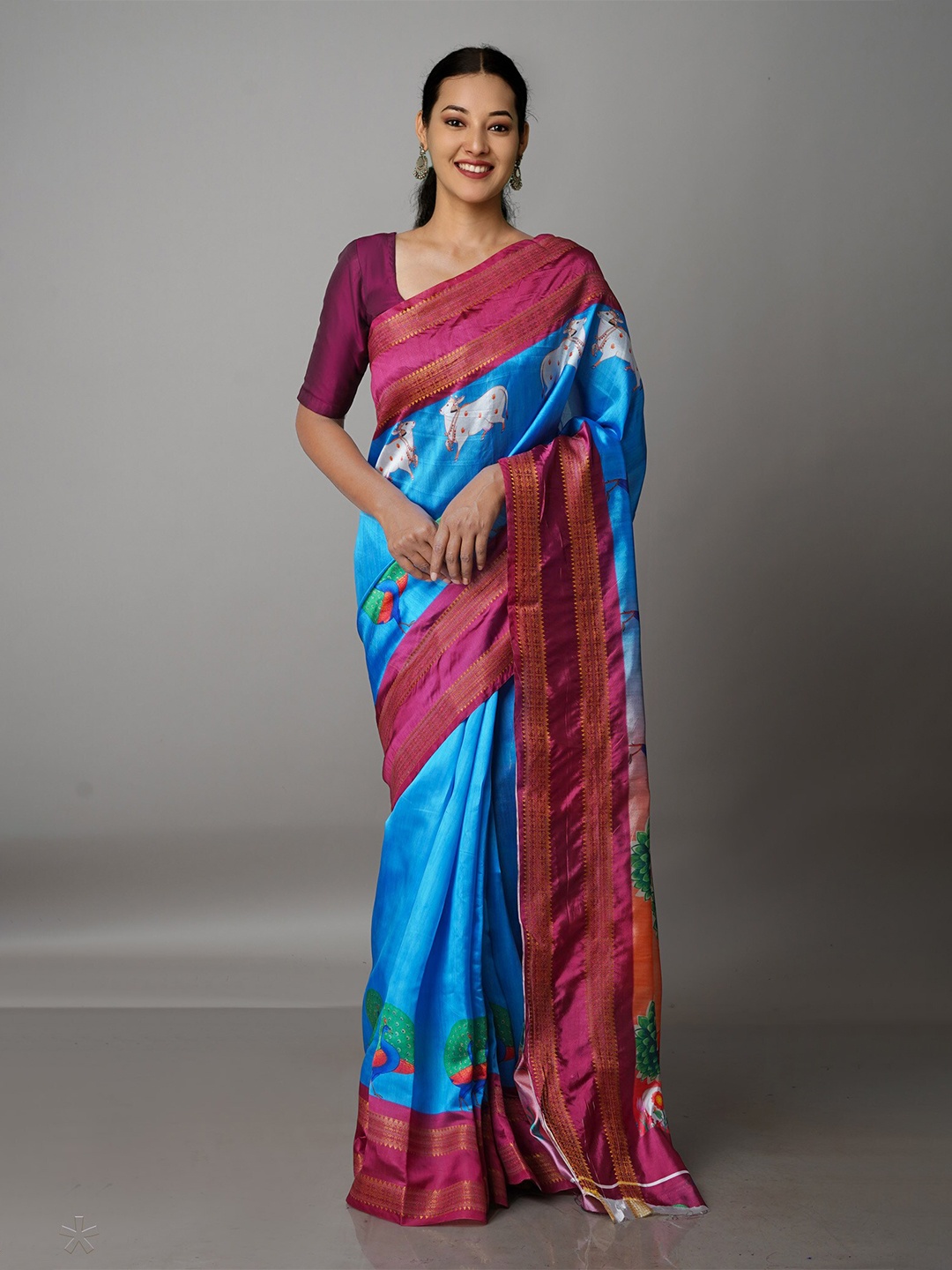 

Unnati Silks Kalamkari Printed Patola Saree, Blue