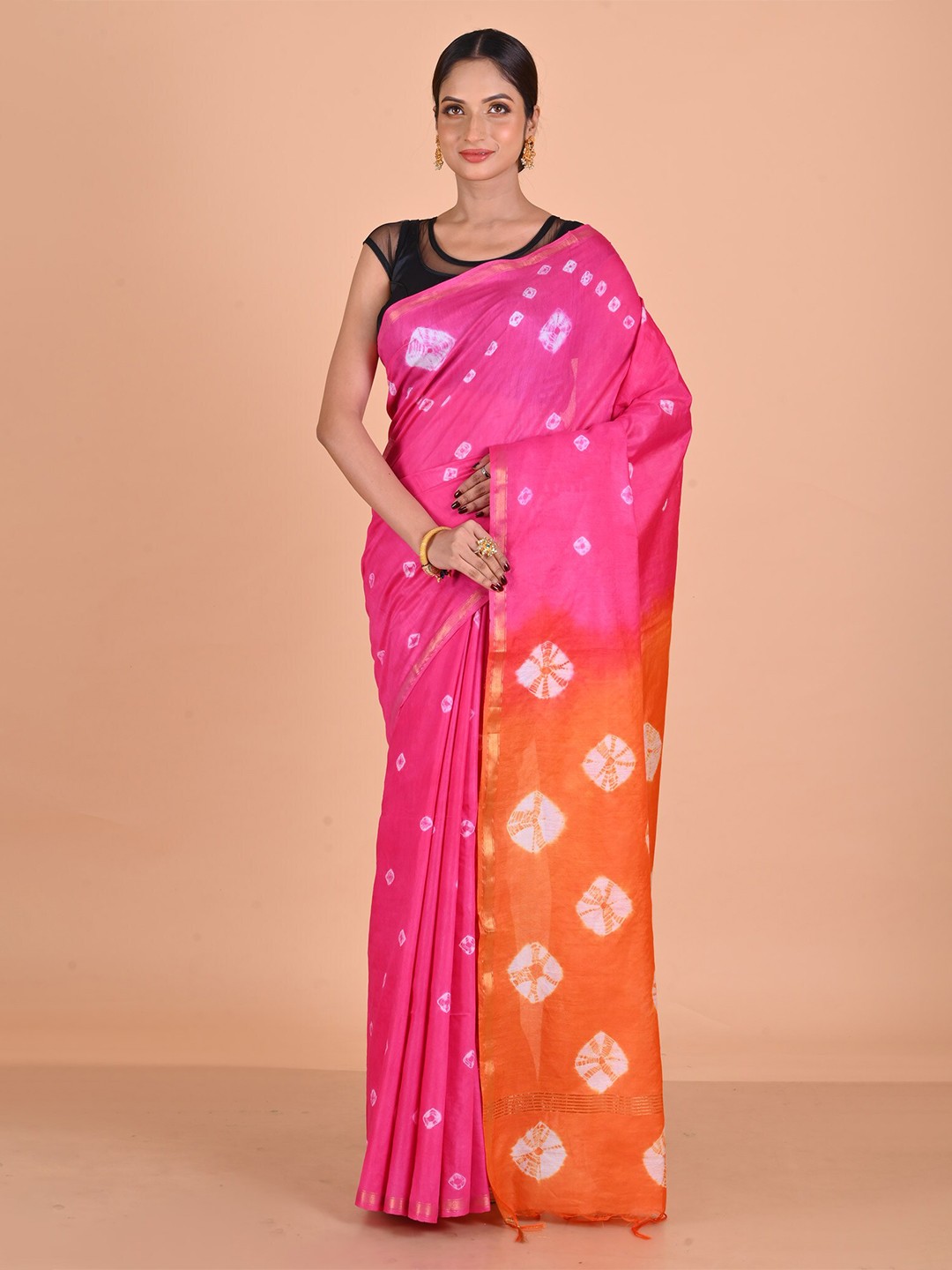 

Unnati Silks Bandhani Tie And Dye Zari Chanderi Saree, Pink