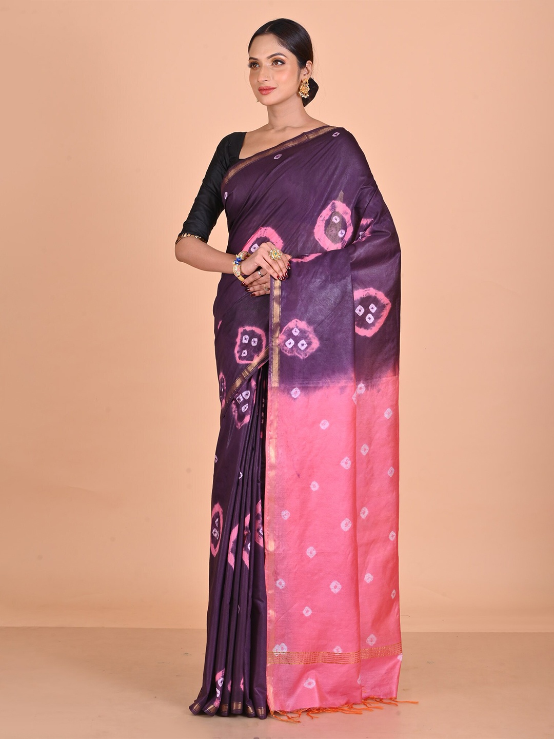 

Unnati Silks Bandhani Tie And Dye Zari Chanderi Saree, Purple