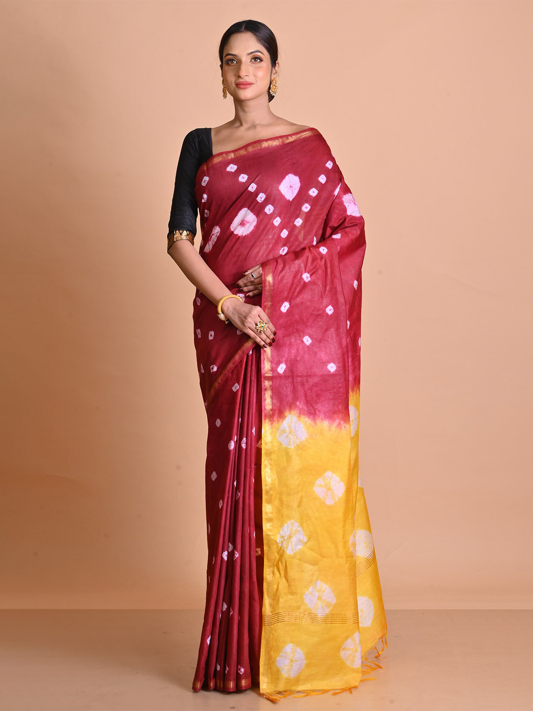 

Unnati Silks Bandhani Tie And Dye Zari Chanderi Saree, Red