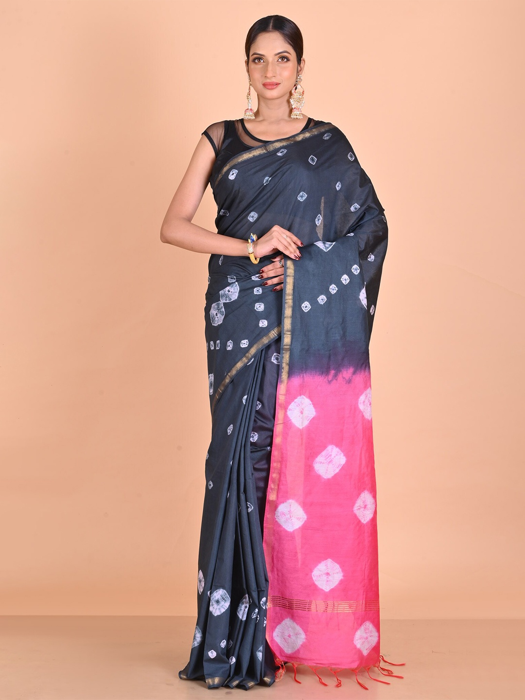 

Unnati Silks Bandhani Tie And Dye Zari Chanderi Saree, Grey