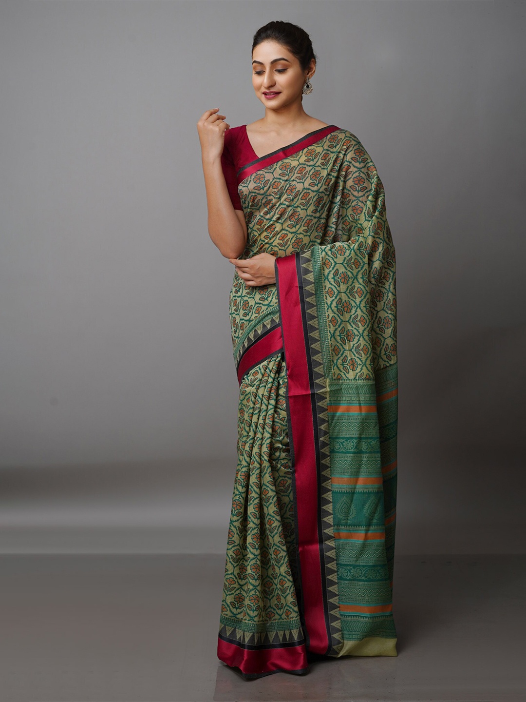 

Unnati Silks Ethnic Motifs Block Printed Silk Cotton Chanderi Sico Saree, Green